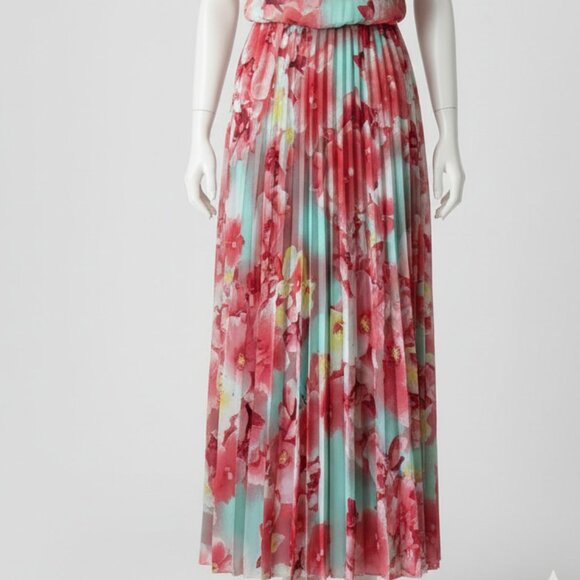NWOT B. Darlin Floral Blue Sleeveless Pleated Maxi Dress Junior's Women's 3/4 - Picture 9 of 11